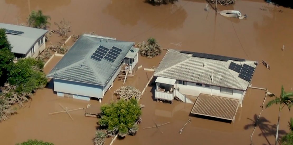 Houses underwater in Brisbane, Australia after flooding