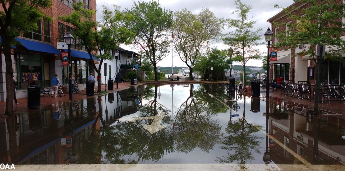 Old Town Alexandria, Virginia, in May 2016 after high tides in the Potomac River inundated the street. Floods like these will occur more frequently as sea levels inch toward coastal infrastructure. Credit: NOAA