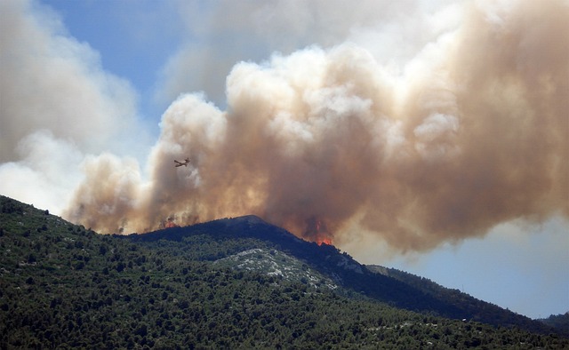 image shows a burning mountainside as the result of a wildfire. in the distance, a plane flies next to the smoke, tiny in comparison to the mountain.